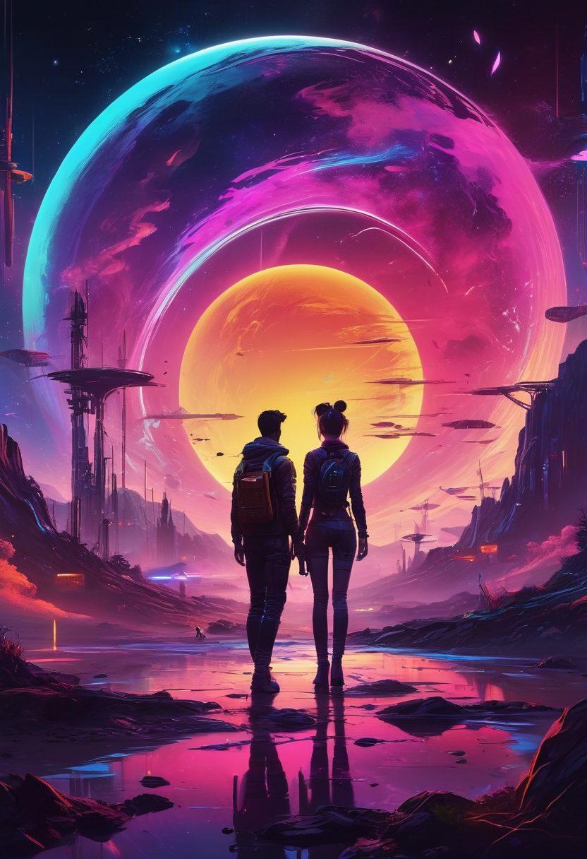 A cosmic-themed landscape filled with vibrant neon colors, featuring an abstract representation of diverse adult streaming content swirling around a central glowing planet. Include silhouettes of people enjoying various forms of entertainment, with playful hints of sensuality in the atmosphere. Add details like stars, galaxies, and digital icons related to streaming services to enhance the narrative. The overall feel should be enticing and adventurous. cyberpunk. vibrant colors. 3D.